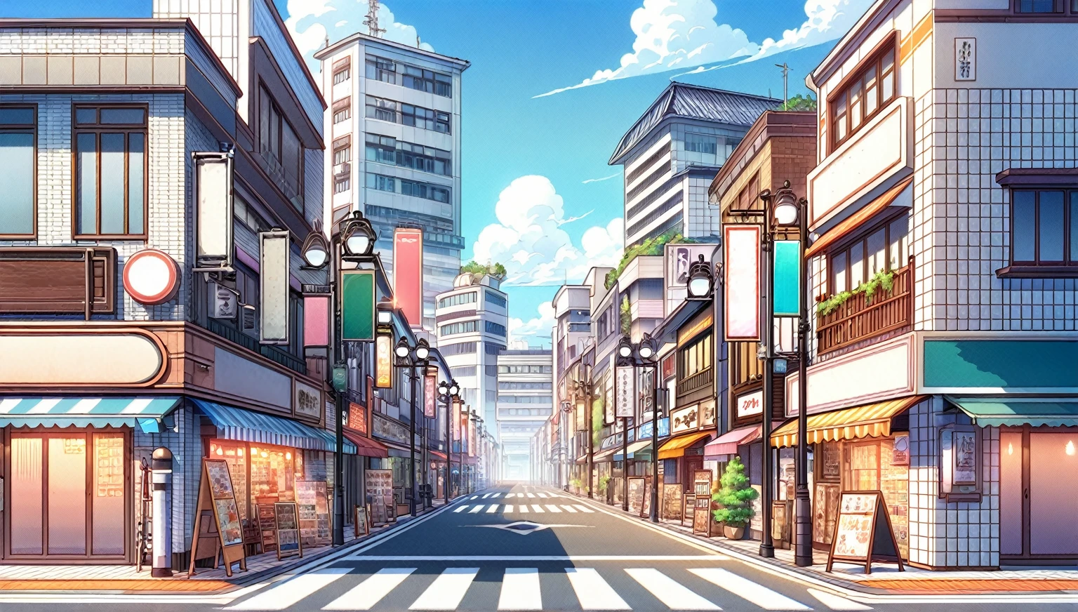 Anime street with crosswalk and many buildings, Anime-style streetscape, Anime Background art, HD anime cityscape, tokyo Street background, Downtown Japan, City street view background, Tokyo Anime Scene, Street background, Japan Streets, Japanese cities, A Tokyo-like town, Anime Background, Anime scenery concept art, Beautiful cityscape, city streetscape, anime city lineart
