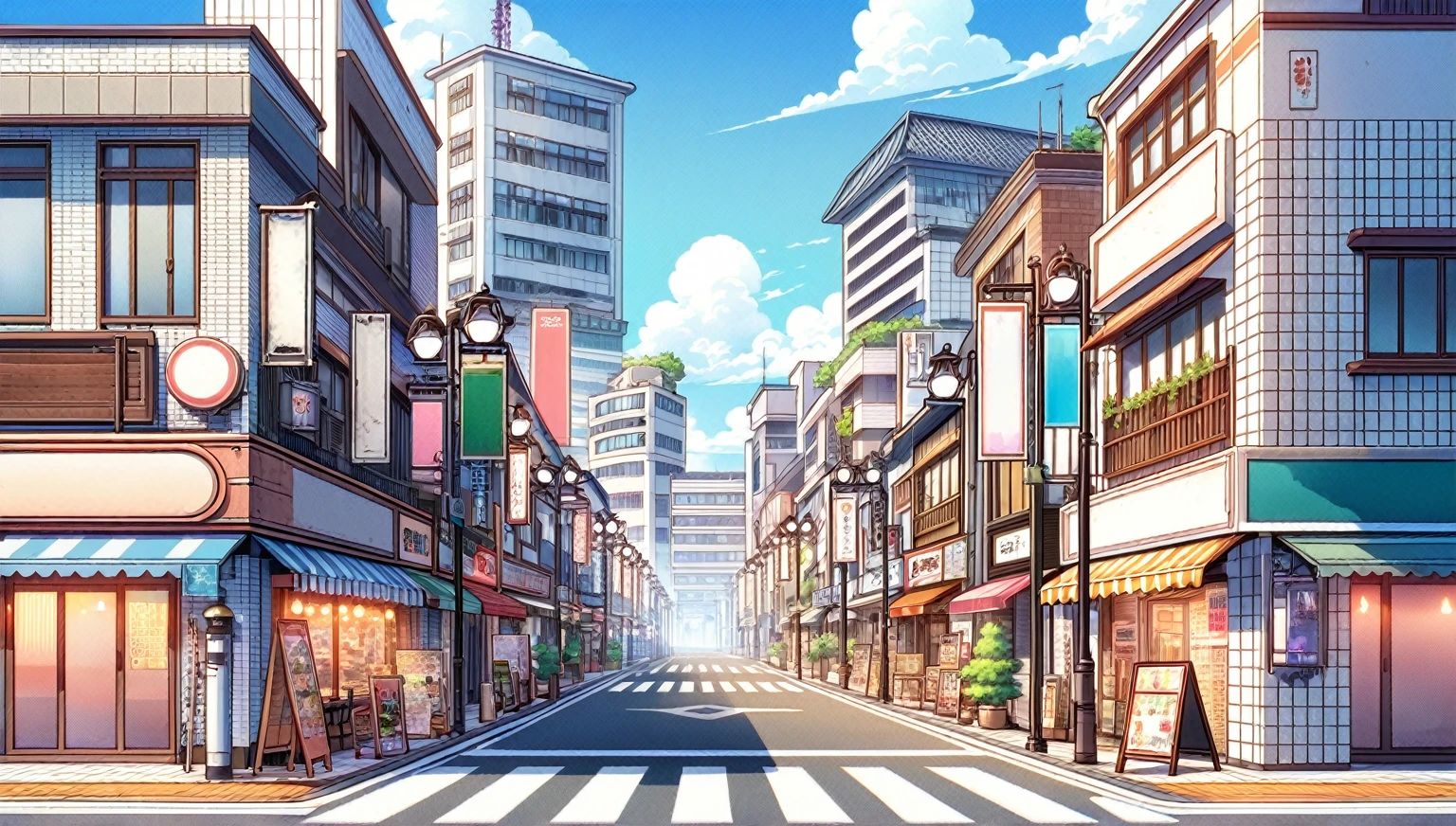 Anime street with crosswalk and many buildings, Anime-style streetscape, Anime Background art, HD anime cityscape, tokyo Street background, Downtown Japan, City street view background, Tokyo Anime Scene, Street background, Japan Streets, Japanese cities, A Tokyo-like town, Anime Background, Anime scenery concept art, Beautiful cityscape, city streetscape, anime city lineart