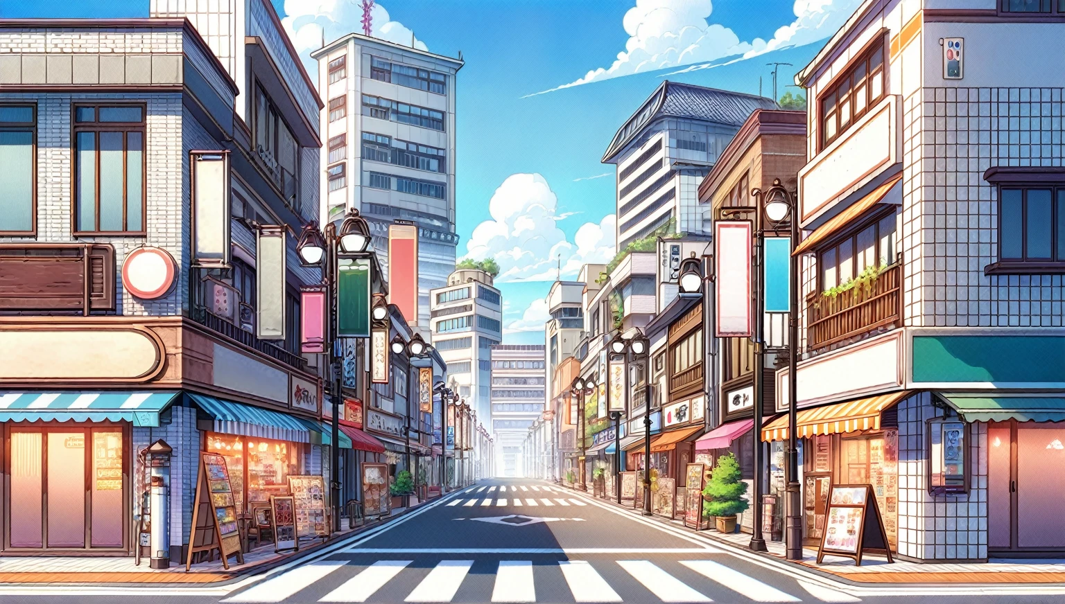 Anime street with crosswalk and many buildings, Anime-style streetscape, Anime Background art, HD anime cityscape, tokyo Street background, Downtown Japan, City street view background, Tokyo Anime Scene, Street background, Japan Streets, Japanese cities, A Tokyo-like town, Anime Background, Anime scenery concept art, Beautiful cityscape, city streetscape, anime city lineart