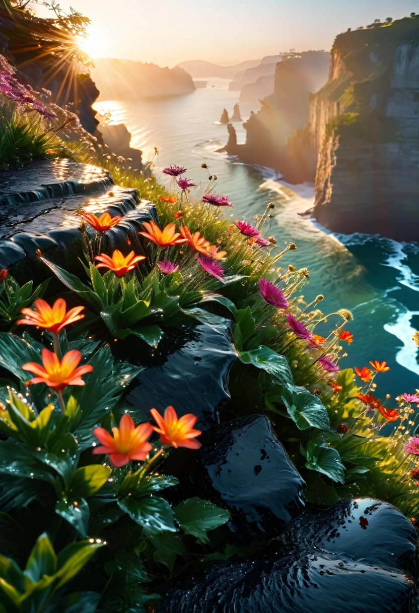 Beautiful and detailed morning scenery, Intricate details, practical, Dramatic lighting, The first rays of sunlight at dawn, sunrise，sunlight，Dew on flowers on a cliff, Natural light, movie, photopractical, High resolution wallpapers、And an eternal moment, 16K, Ultra-high resolution.Realistic, Ultra-high resolution, to be born,future、Rainbow colorsに光り輝く、Rainbow colors、The world 30 years from now。