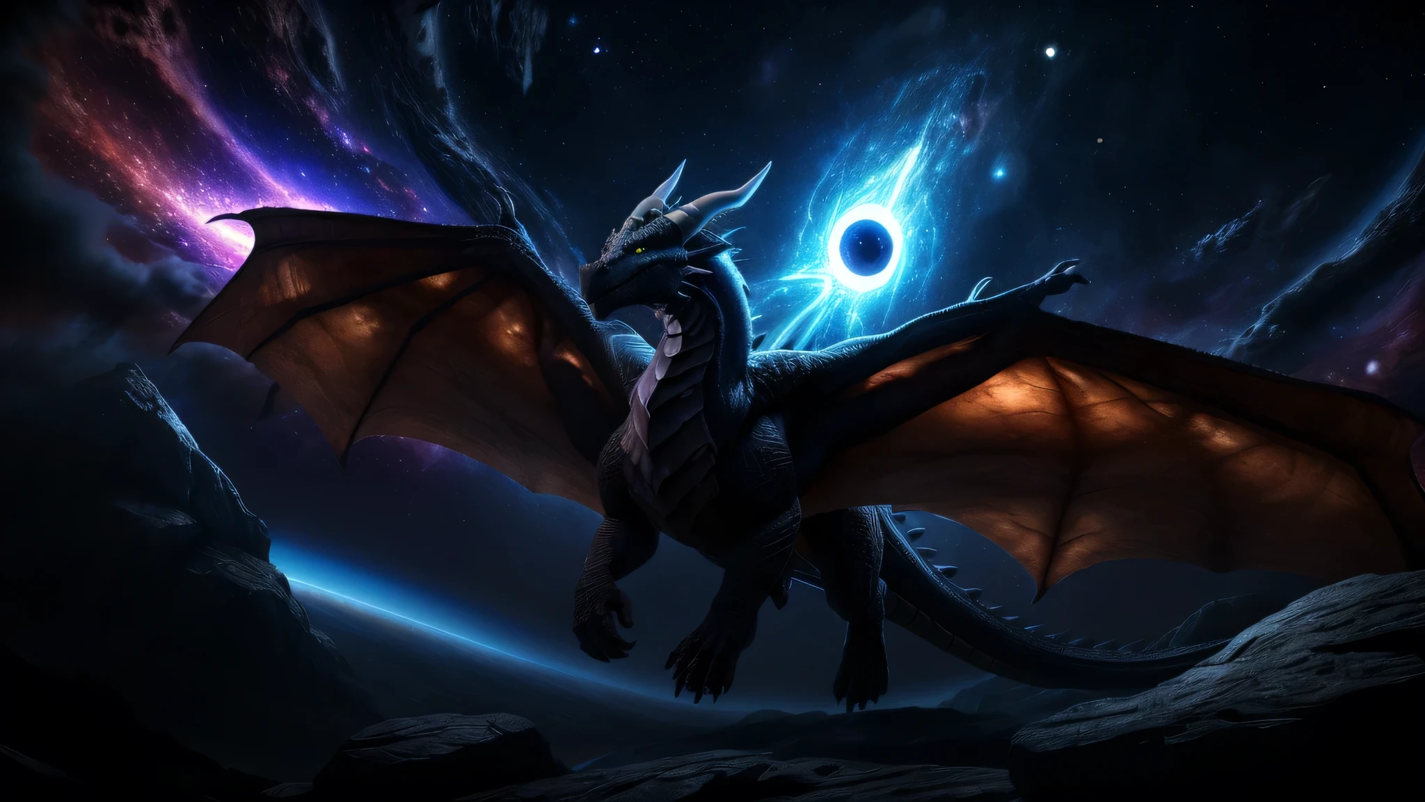 a dramatic energetic dragon flying in space, near a black hole absorbing a planet, cinematic lighting, epic scale, highly detailed, 8k, photorealistic, dramatic lighting, moody colors, dramatic atmosphere, dynamic composition, powerful energy aura around the dragon, swirling cosmic energy, intricate details, mesmerizing visual effects, ultra-realistic textures