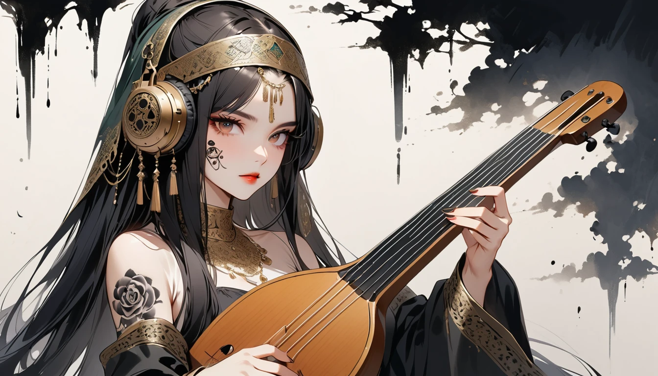 Ink Painting, (((1 person))), (((Tattoo on face))), (((Arabic String Instruments))), Arabic style headphones, beautiful girl, Black Hair, Modern arabic style, veiled