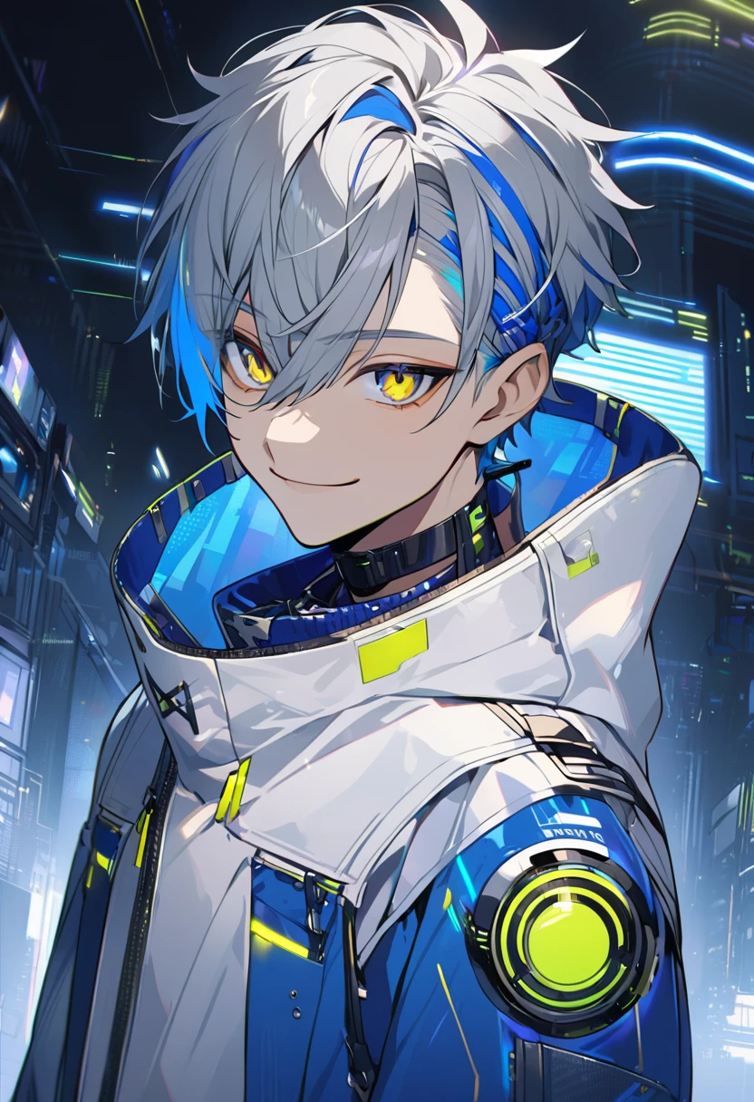 good looking, alone, 1 male, short hair, Gray Hair, Blue highlights on hair tips, Golden Eyes, White and blue clothes, Smile Facial, Futuristic, cyber punk, hacker、Fraudster