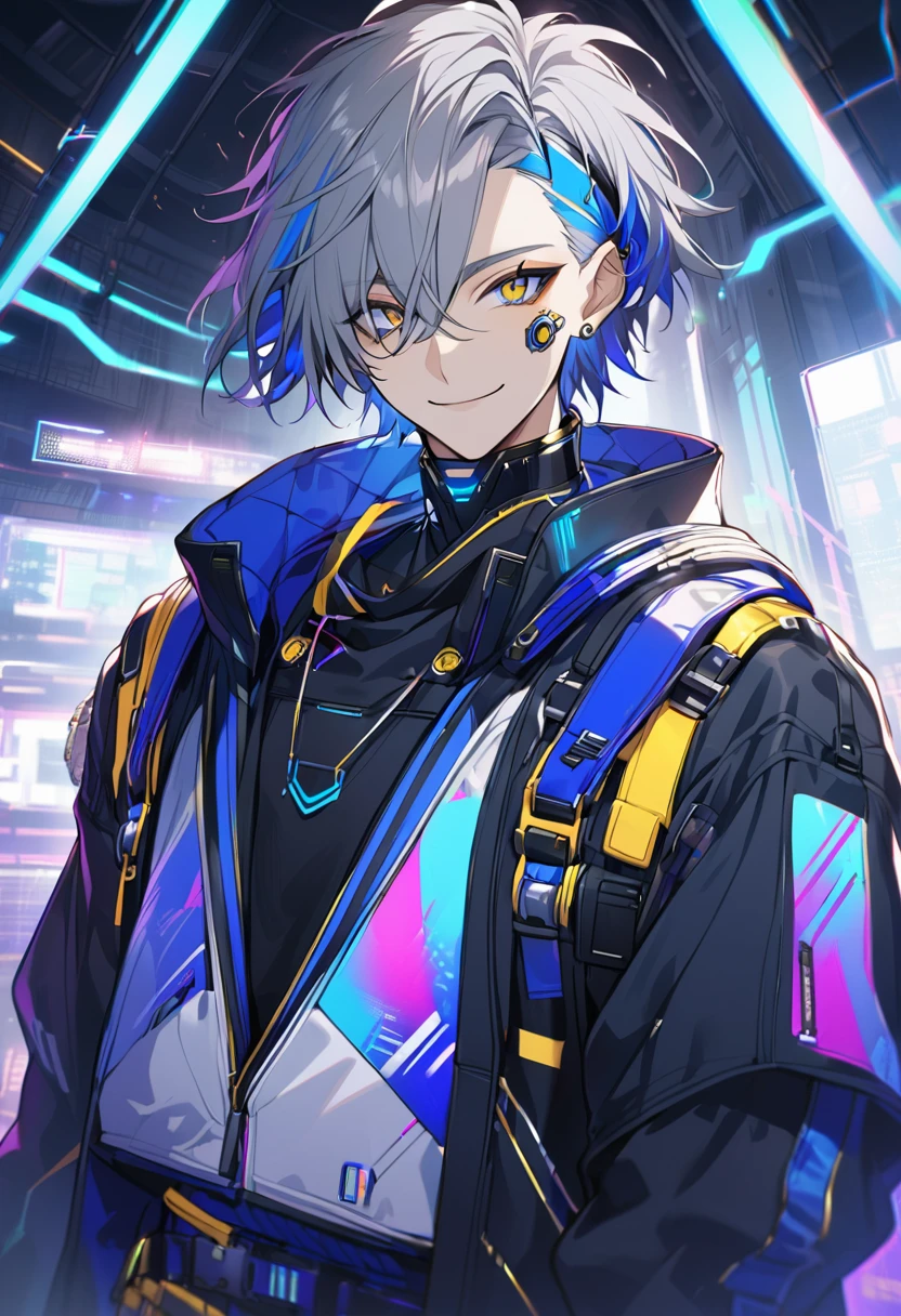 good looking, alone, 1 male, short hair, Gray Hair, Blue highlights on hair tips, Golden Eyes, White and blue clothes, Smile Facial, Futuristic, cyber punk, hacker、Fraudster