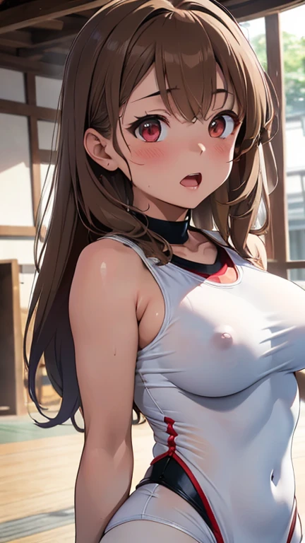 mastute piece,Best Quality,insanely detailed,8k cg,nsfw,
(shoot upper body:1.3),
(1girls:1.3),standing,looking at viewr,body in front,(arms behind back:1.4),(martial-arts wear:1.3,white dogi:1.3),Martial arts uniform:1.3、BREAK,
blush,shy,(ecstasy face),(trembling:1.2),BREAK,(light brown hair:1.3),
BREAK,
perfect breasts,perfect teats,(open mouth:0.9),(large breasts:1.2),
(dojo),dojo、