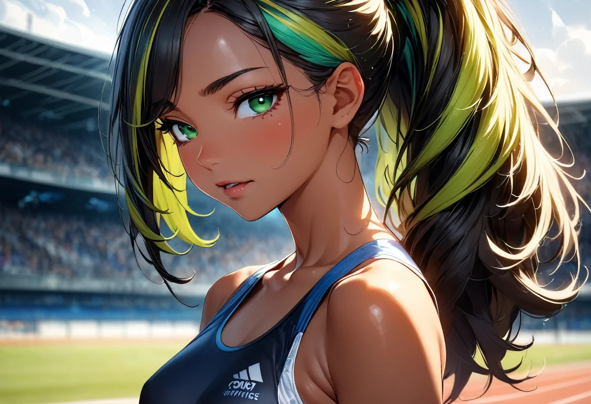 (highest quality:1.2, Very detailed, up to date, Vibrant, Ultra-high resolution, High Contrast, masterpiece:1.2, highest quality, Best aesthetics), Portraiture、girl、((25 years old:1.5)), (slim:1), 25 years old, sports bra, track and field athlete, Bright colors、Beautiful fine details、Beautiful lip detail、long hair、ponytail, white and yellow green ((streaked hair:1.6)), highlights hair: 1.5, (small breast,:1) (tan skin:1.1), athletics stadium, upper body, look at viewer