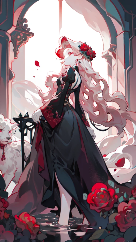 Young woman. pale skin. long brown hair with red streaks. Pink eyes. Fluffy black dress. bones instead of hands. Against the background of a rose. of semi water. rear window with sunset.