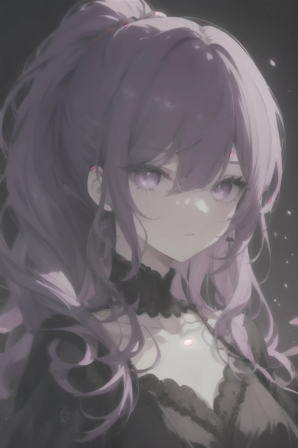 Dogwood, 1 girl, alone, Dark purple hair, Violet eyes, Long Hair, ponytail,  (Flower Castle:0.78), clavicle, eye shadow, masterpiece, Highest quality, Looking at the audience, Frilled blouse, (pity:0.38), Dark Background、最高masterpiece、Highest quality、Perfect Face、Long eyelashes、Deep pink eyelashes、Detailed eyes、delicate、Beautiful Eyes、Hollow Eyes、Lightless eyes