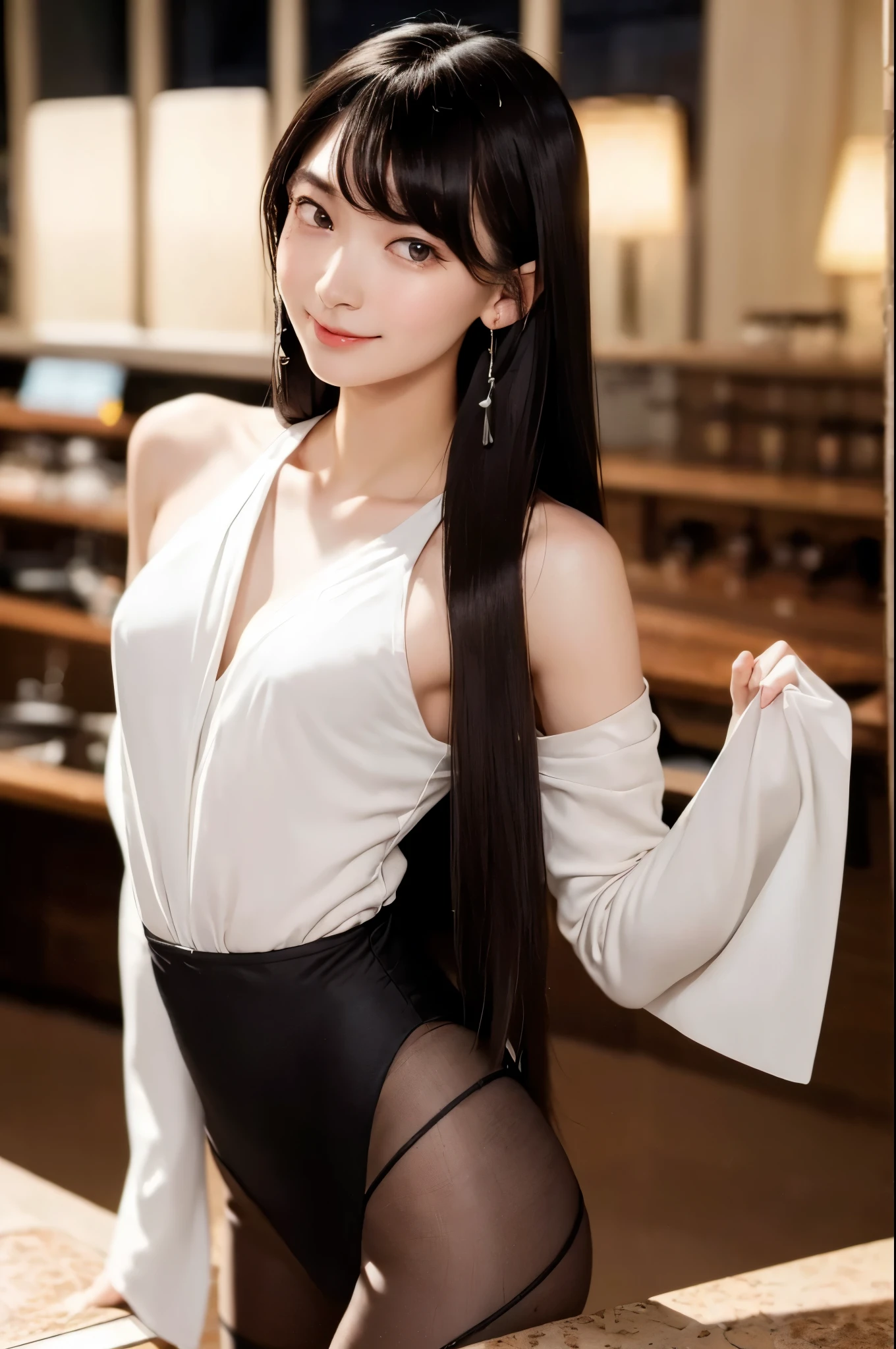 ((Medium Long Hair:1.3)), ((straight legs:1.3)),(Mole under the corner of the right eye:1),8k, Tabletop, RAW Photos, Highest quality, Very detailedな CG Unity 8k 壁紙, Written boundary depth, Natural light, Lens flare, Ray Tracing, (Very beautiful face, Beautiful Lips, Beautiful Eyes), Exquisitely detailed face, ((Very detailedな肌)) One Girl, Cute Korean Girl, K-POPアイドル, ((1 girl)), (Very slim and slender fit muscular body:1.3), (A shy smile:1.3), Clear Eyes, (Pale skin), (Big eyes),(Black Hair),Very slim, Mid-chest, In front of eyebrows, Thick thighs,Highest quality, Highest quality, 16K, Unbelievably absurd, Very detailed, 2.5D, delicate and dynamic, Very delicate look, Delicate eye depiction, Very Fine Hair,erotic, Sexy Woman, Healthy body shape, Sexy long legs, Glowing Skin, , ((Lounge、bar counter、night))、Stick your butt out、Tie up your hair、Big Ass、Shyness、Emphasize the chest、Sweat、Off the shoulder