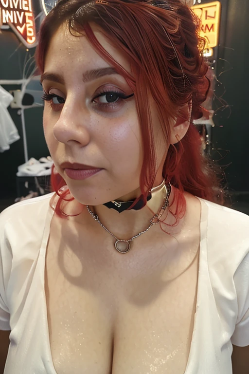 (masterpiece, best quality: 1.2), 1 girl, goth, solo, latina, redhead, /close-up of face), amateur photo, selfie, neckline, sexy, nsfw, sexy, amateur photo, corset shirt, sad look, looking down at viewer, natural skin texture, 24mm, 4k textures, bright cinematic light, RAW photo, photorealism, photorealistic, intricate, elegant, highly detailed, sharp focus, ((((((cinematic look)))), soft tones, insane details, intricate details, hyperdetailed, low contrast, soft cinematic light, bright colors, exposure mix, hdr, wearing choker, motel bedroom, neon lights