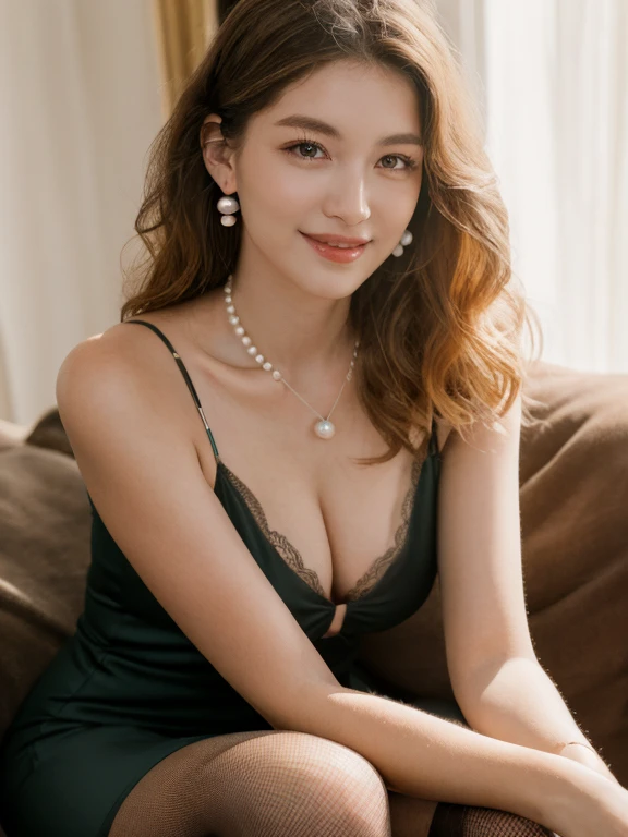 (Best quality, 8k, 32k, Raw photo, Realism, Photorealistic, UHD), lifelike rendering, (full body portrait), photo of a beautiful woman, Olivia, 1girl, 24yo, stunning, (medium blonde wavy hair), double eyelids, detailed facial, perfect round medium breasts, cleavage, slender legs, curves body, (pale skin:1.2), clean skin, detailed skin texture, skin pores, soft expression. She wears necklace, pearl earrings, (black-colored tight spaghetti strap dress:1.3), white-colored lace thong, (black-colored pantyhose:1.3) and high heels. sitting on couch in (elegant cafe:1.4), sexy face, charming, eyes to camera, smiling warmly at the viewer, messy hair, sharp focus, the image depicts a tranquil natural setting in soft, dreamy light, Realism, Photorealistic, 8k, epiC35mm