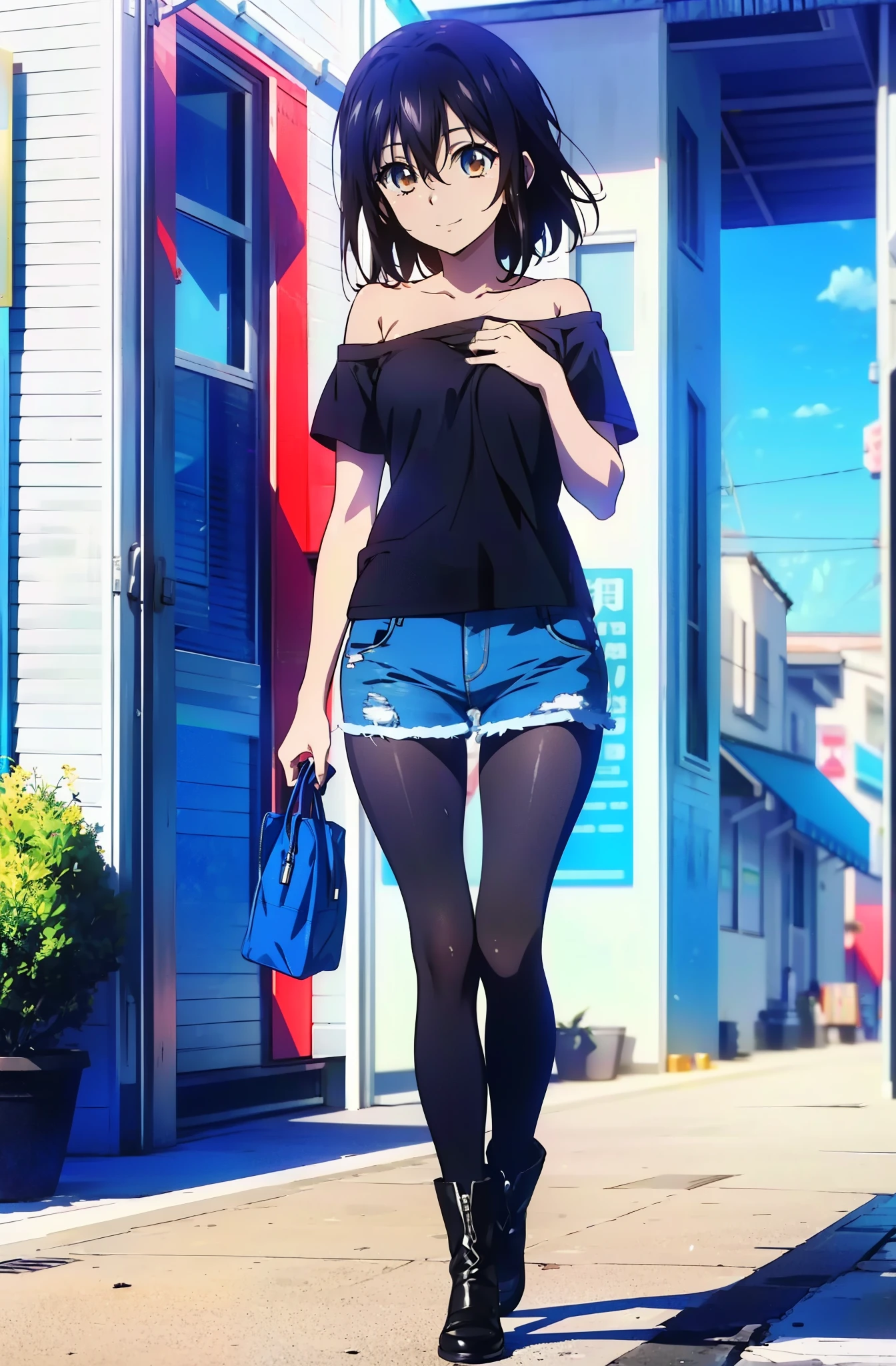 Himeragi Yukina, Brown eyes, Black Hair, Hair between the eyes, Medium Hair, Mid-chest,smile,One-shoulder shirt,Short sleeve,Short denim,,Black pantyhose,short boots,Walking,whole bodyがイラストに入るように,Daytime,Clear skies,　　　　　　　　　　　　　　　　　　　break looking at viewer, whole body, 　　　　　　　　break outdoors ,Building district,　　　　　　　　　　　　　 break (masterpiece:1.2), Highest quality, High resolution, unity 8k wallpaper, (shape:0.8), (Beautiful and beautiful eyes:1.6), Highly detailed face, Perfect lighting, Highly detailed CG, (Perfect hands, Perfect Anatomy),