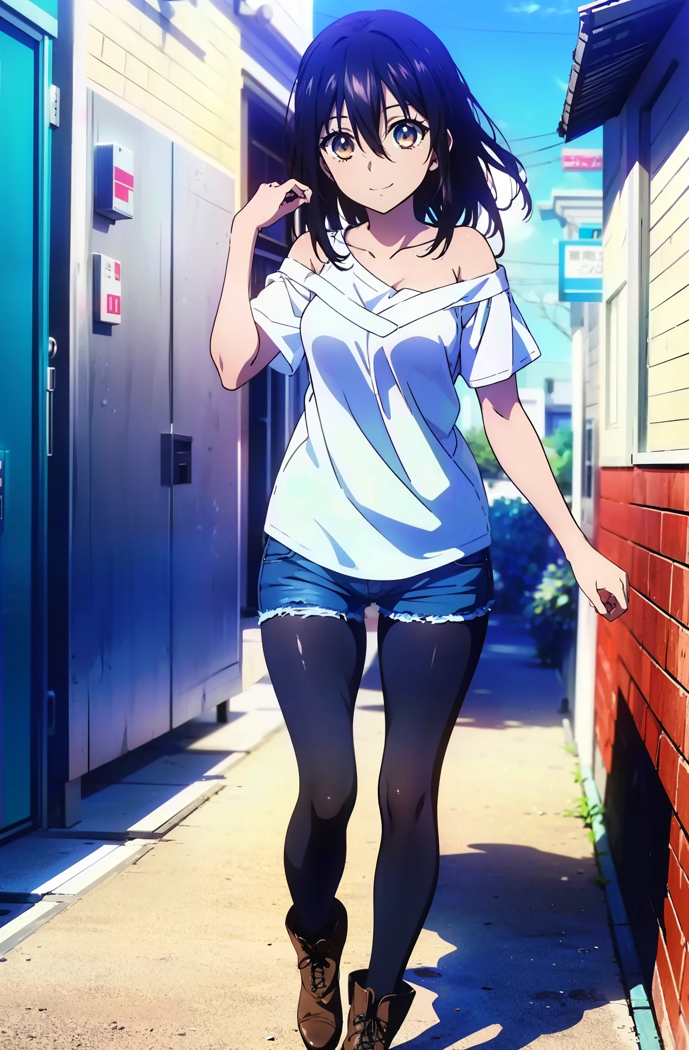 Himeragi Yukina, Brown eyes, Black Hair, Hair between the eyes, Medium Hair, Mid-chest,smile,One-shoulder shirt,Short sleeve,Short denim,,Black pantyhose,short boots,Walking,whole bodyがイラストに入るように,Daytime,Clear skies,　　　　　　　　　　　　　　　　　　　break looking at viewer, whole body, 　　　　　　　　break outdoors ,Building district,　　　　　　　　　　　　　 break (masterpiece:1.2), Highest quality, High resolution, unity 8k wallpaper, (shape:0.8), (Beautiful and beautiful eyes:1.6), Highly detailed face, Perfect lighting, Highly detailed CG, (Perfect hands, Perfect Anatomy),