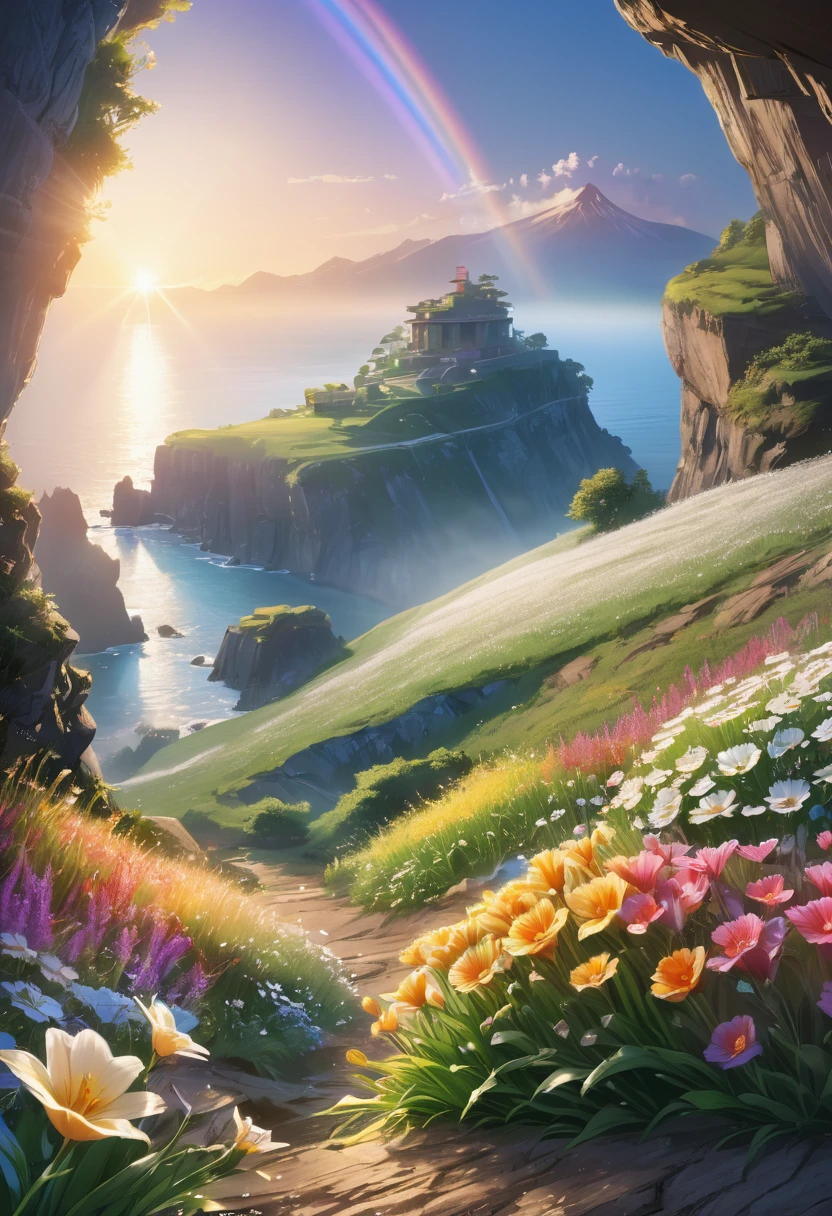 Beautiful and detailed morning scenery, Intricate details, practical, Dramatic lighting, The first rays of sunlight at dawn, sunrise,sunlight,Dew on flowers on a cliff, Natural light, movie, photopractical, High resolution wallpapers、And an eternal moment, 16K, Ultra-high resolution.Realistic, Ultra-high resolution, to be born,future、Rainbow colorsに光り輝く、Rainbow colors、The world 30 years from now。