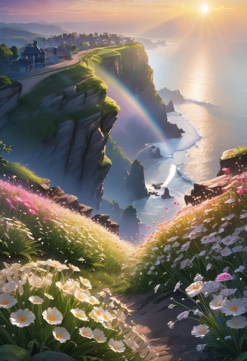 Beautiful and detailed morning scenery, Intricate details, practical, Dramatic lighting, The first rays of sunlight at dawn, sunrise,sunlight,Dew on flowers on a cliff, Natural light, movie, photopractical, High resolution wallpapers、And an eternal moment, 16K, Ultra-high resolution.Realistic, Ultra-high resolution, to be born,future、Rainbow colorsに光り輝く、Rainbow colors、The world 30 years from now。