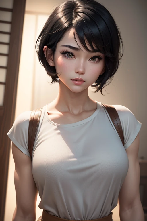 (Masseter muscle area), Realistically, Photorealist, A Japanese beauty, Beautiful Face、A vivid face、Short black hair、Beautiful Hair、Lips parted, Realistic Skin、Beautiful skins、Charm、Cute blouse、 Upper body,Detailed,Dark Background,Backlight、