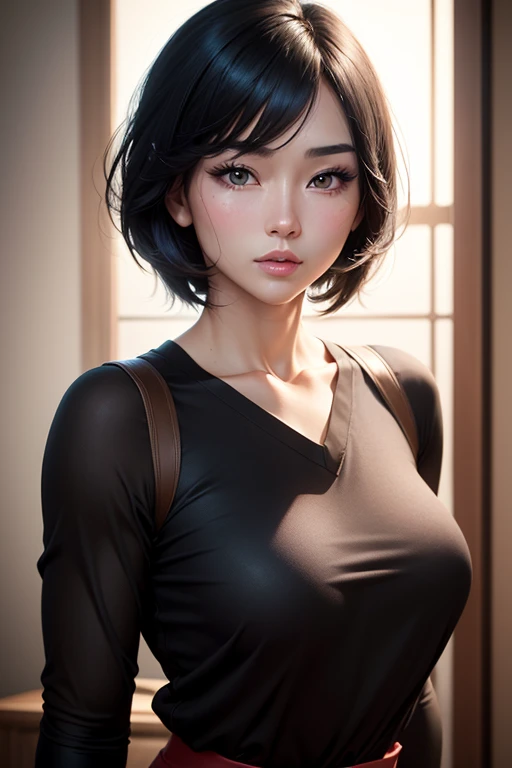 (Masseter muscle area), Realistically, Photorealist, A Japanese beauty, Beautiful Face、A vivid face、Short black hair、Beautiful Hair、Lips parted, Realistic Skin、Beautiful skins、Charm、Cute blouse、 Upper body,Detailed,Dark Background,Backlight、