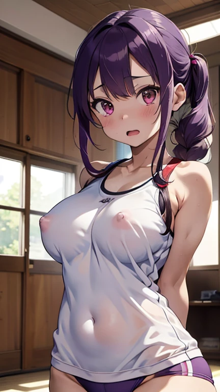 mastute piece,Best Quality,insanely detailed,8k cg,nsfw,
(shoot upper body:1.3),
(1girls:1.3),standing,looking at viewr,body in front,(arms behind back:1.4),(badminton-uniform:1.3),(bare breasts:1.2),(bare nipples:1.2),
break,
blush,shy,(ecstasy face),(trembling:1.2),break,(light purple hair:1.3),
break,
perfect breasts,perfect teats,(open mouth:0.9),(large breasts:1.2),
(badminton-court),