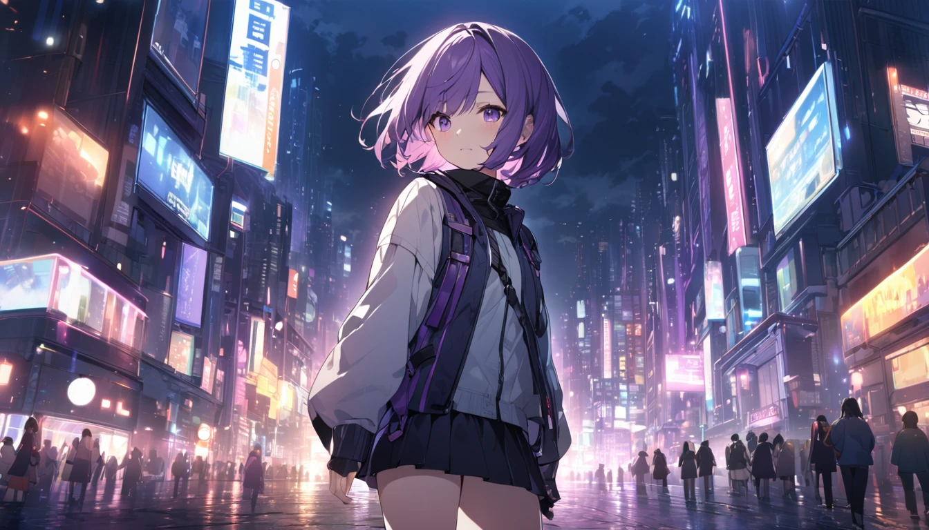 1 short purple haired girl, wearing a light jacket and short skirt, standing in the middle of the night city, with the city light (somewhat blurry), ((HD wallpaper desktop)), grim weather, looking at the audience, ((city lights are a bit blurry)),