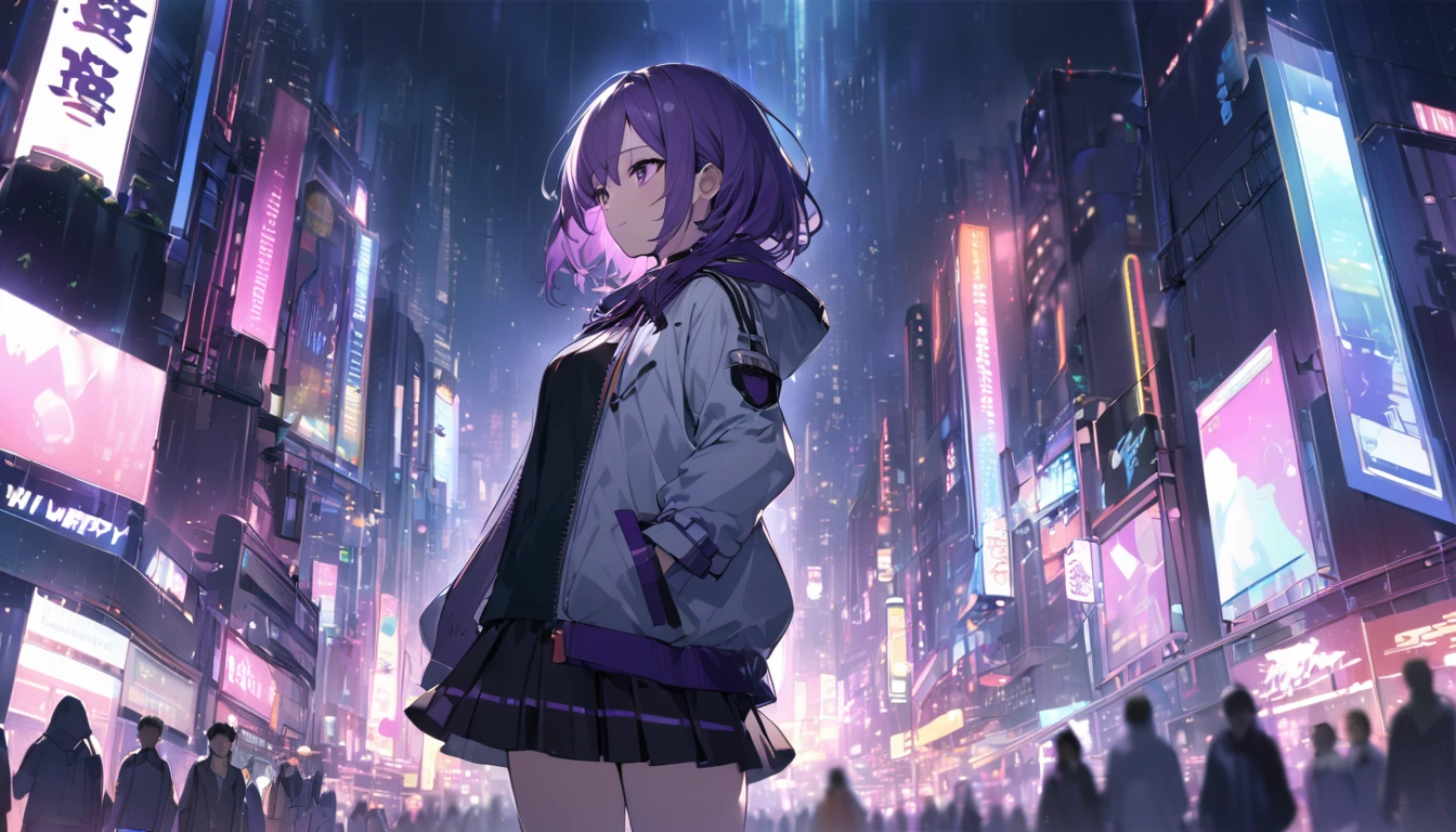 1 short purple haired girl, wearing a light jacket and short skirt, standing in the middle of the night city, with the city light (somewhat blurry), ((HD wallpaper desktop)), grim weather, looking at the audience, ((city lights are a bit blurry)),