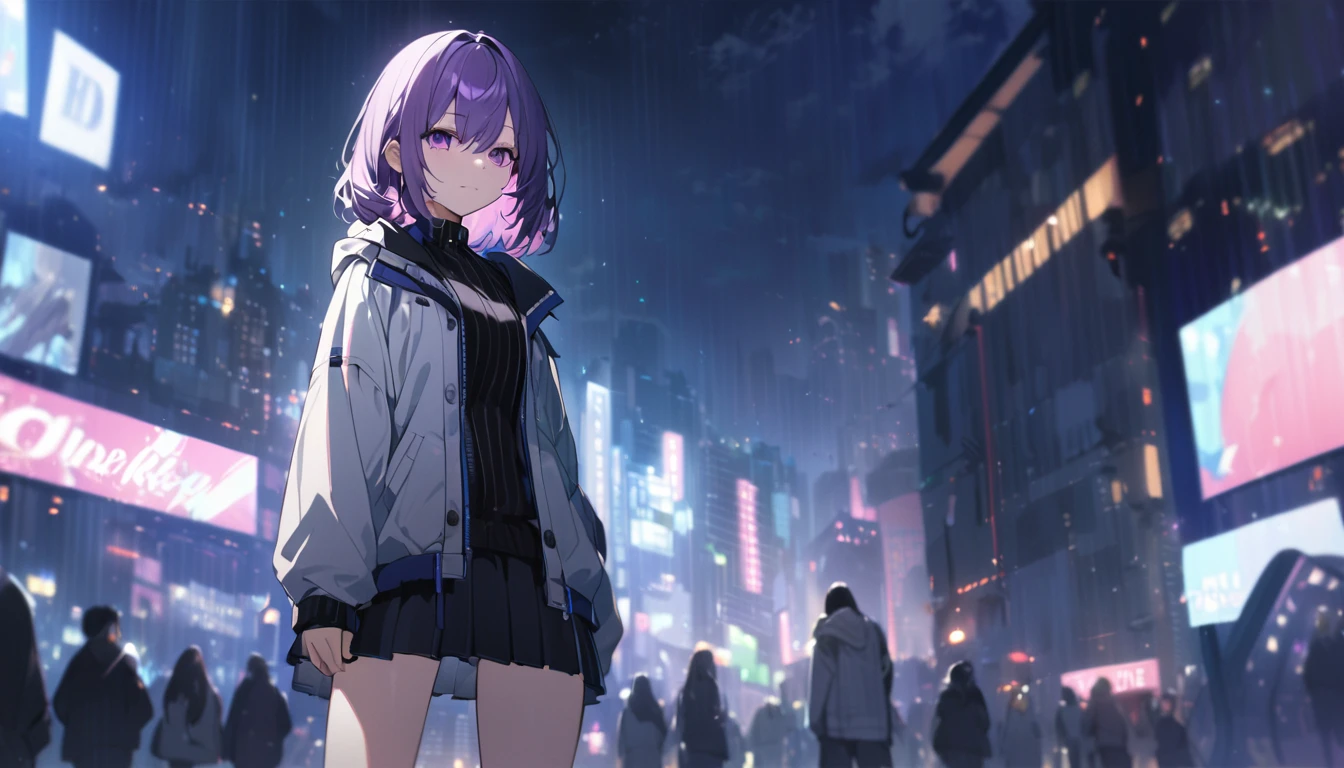 1 short purple haired girl, wearing a light jacket and short skirt, standing in the middle of the night city, with the city light (somewhat blurry), ((HD wallpaper desktop)), grim weather, looking at the audience, ((city lights are a bit blurry)),