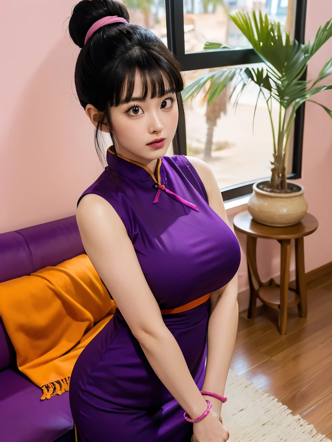 (masterpiece, best quality:1.2), 1girl, solo, professional lightings, cinematic lightings, 8k wallpaper, ultra realistic portrait of chichi, dragonball, chichi_dbz, long sleeve pink shirt under dress, ((dark purple Chinese dress, orange scarf)), bangle, bracelet), bare foots, detailed face, detailed eyes, highres, detailed skin texture, (ultra slim waist, perfect slim body style), black hair, (dango hair:1.15, parted long bangs:1.15), big eyes, double eyelids, ((((ultra huge breasts, ultra huge tits, ultra huge boob, ultra huge cleavages)))), ultra realistic mature older face, ultra detailed mature older face, realistic wrinkles on face and eyes, detailed wrinkles on face and eyes, (in living room, TV, view palms tree via window:1.1, ocean, palm tree and beach view via window:1.25, couch, wooden floor, house plants, pink painted walls:1.1), in extremely tiny island, ((standing)), looking at viewer, cowboy shot, close up angle, 
