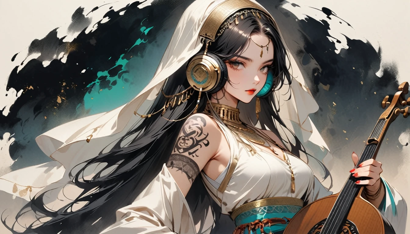 Ink Painting, (((1 person))), (((Tattoo))), (((Arabic Instruments))), Arabic style headphones, beautiful girl, Modern arabic style, veiled
