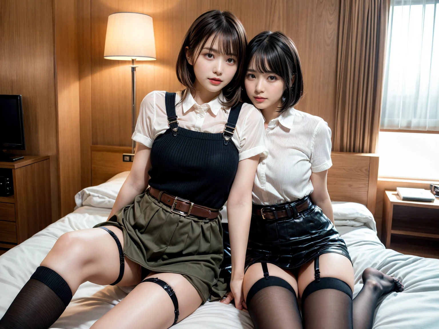 masterpiece, best quality, illustration, Super detailed, fine details, High resolution, 8K,wall paper, perfect dynamic composition,(Details High quality, realistic depiction of eyes:1.3), (2 girls), holster, bobby, Cutter shirt, a belt, suspenders, pleated skirt, garterbelts, knee high Stockings, sitting, open legs, short bob hair, in a hotel room in the background, deep on field, large breasts, black hair color, Big Natural Color Lip, (perfect body shape), crying a little、Harajuku style、20 year old girl、cute type、beautiful legs, Gravure Idol
