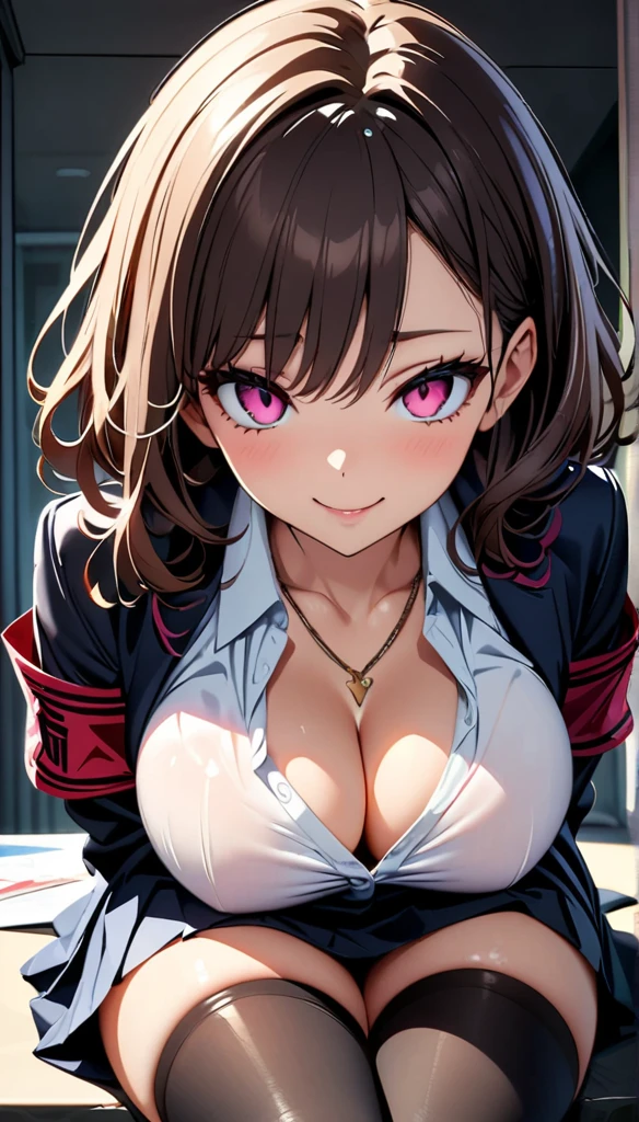 (highest quality:1.2,evil girl,cg, Very detailed, High Detail, digital coloring, High Contrast, masterpiece:1.2,suits, highest quality, Best aesthetics), 8k,masterpiece, cute,tall,beautiful,best quality, 1girl,brown hair,short hair,armband,wavy hair,empty eyes, (finely detailed glowing eyes and detailed face),,,,extremely detailed cg unity 8k wallpaper,solo,(latex school costume:0.9),large breasts,seductive smile,,latex thighhigh,large breasts,black hair,pink eyes,shirts, shirts,thighhigh,,,grossy lips,sitting,check skirt,sadistic smile,,heel,shiny skin,tight  skirt,detailed face,beautiful body,,adult,,show me breasts,sadistic,seductive smile,,no tie,bust shot,open mouth,necklace,office room,,burikko  pose,lift skirt and show panty,legs up