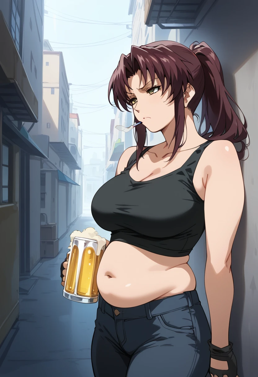 score_9, score_8_up, score_7_up, masterpiece, best quality,high quality,highres,very aesthetic, absurdres, high detailed,optimal lightning,4k,8k wallpaper, source_anime, official art, official style, megami magazine,BREAK, 1girl,  imagine Revy as a plus size milf, 45-year-old, mature woman,  long hair, brown hair, brown eyes, ponytail, plump, chubby figure, round belly, beer gut, black crop top,  fingerless gloves, black leather pants,unamused,disappointed,expressionless,holding a cigarette,BREAK,alley, leaning up against a wall