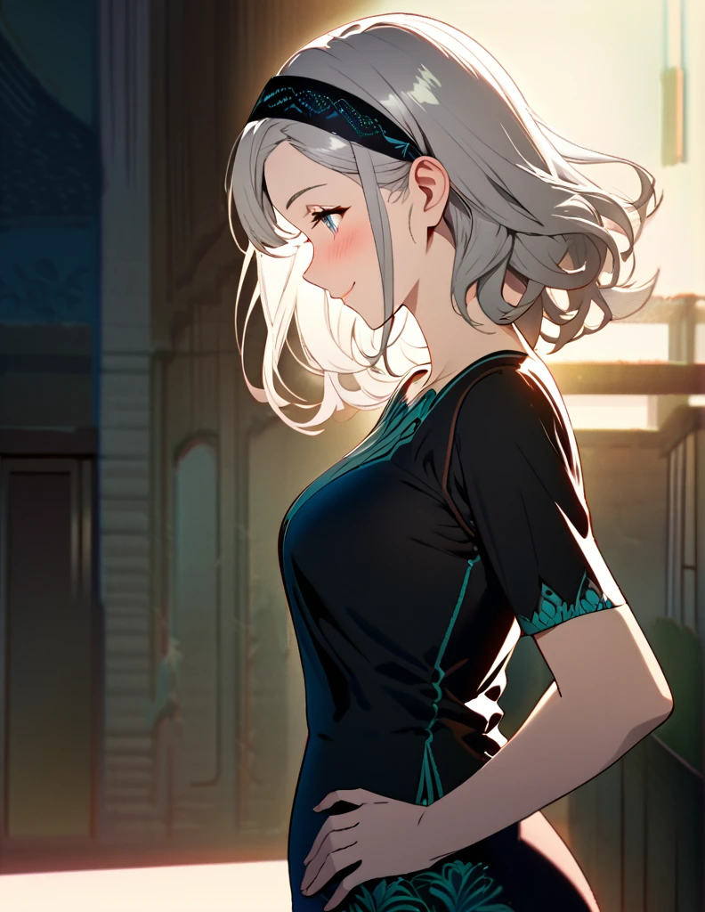beautiful girl, long grey hair, beautiful face,smiling,close up to hips, beautiful breast, secy pose, illustration,detailed textures(realists),ultra-detailed,portrait style,vivid colors,soft lighting, blushing, mature, hair fluttering, evening light , head band, ((half body)), ((side profile until hips)), very shy