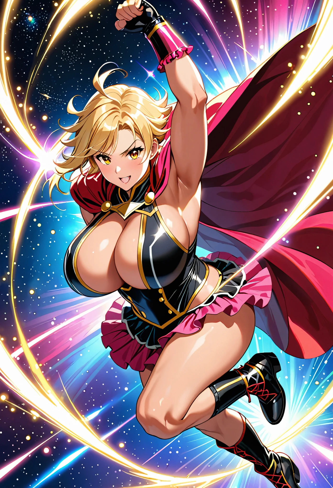 girl, pink and black mixed color, barefoot, (((sagging massive breasts))), (matching gloves and boots). she (short blonde, wearing (((too short))) skirt with frill, (((intricate)) wrestling outfit). fluttering cape, wrestler, muscle, (((from above))), 1 fist up, 1 arm up, 1 knee up, 1 knee down, enveloped in a shining aura.. Outer space background, Severe. masterpiece, Highest quality, employment. Diffraction Spikes, Particles of light.