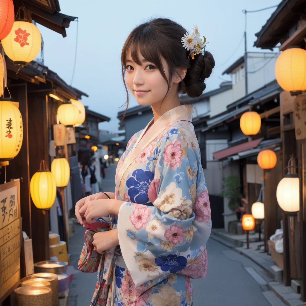 Draw a detailed and realistic portrait of a beautiful young Japanese woman。She has long light brown hair、The large, expressive light brown eyes are impressive.。
Summer Festival Night、Beautiful Japanese woman walking down a street lined with colorful lanterns。She is wearing a traditional Japanese yukata.、The yukata has a white floral design on a blue background.、The collar is tightly crossed、The obi is wide and sturdy, and tied in the traditional way.。Her hair is tied up in a cool updo。Smiling and looking around the festival stalls。In the background, fireworks are bursting into the summer night sky.、Flowers of light are blooming。。