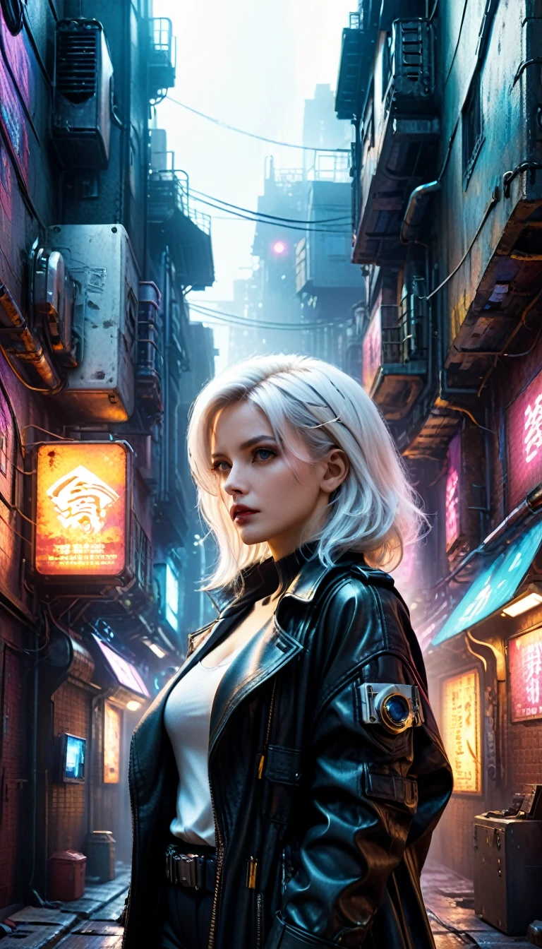 cyberpunk alley, beautiful woman, White hair, mysterious, secret investigator, cyberpunk gabardina, black hole bard, cinematographic, 4k, Steven Spielberg's epic film, sharp focus, Emitting diodes, smoke, Artillery, sparks, Behind the Scenes, system unit, Motherboard, por Pascal Blanche Rutkowski Repin Artstation, Hyperrealistic painting, Detailed character design concept art, matte paint, Blade Runner with 4k resolution