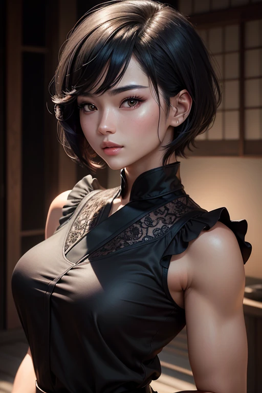 (Masseter muscle area), Realistically, Photorealist, A Japanese beauty, Beautiful Face、A vivid face、Short black hair、Beautiful Hair、Lips parted, Realistic Skin、Beautiful skins、Charm、Cute blouse、 Upper body,Detailed,Dark Background,Backlight、