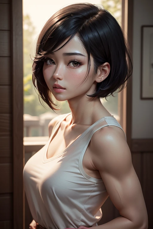 (Masseter muscle area), Realistically, Photorealist, A Japanese beauty, Beautiful Face、A vivid face、Short black hair、Beautiful Hair、Lips parted, Realistic Skin、Beautiful skins、Charm、Cute blouse、 Upper body,Detailed,Dark Background,Backlight、