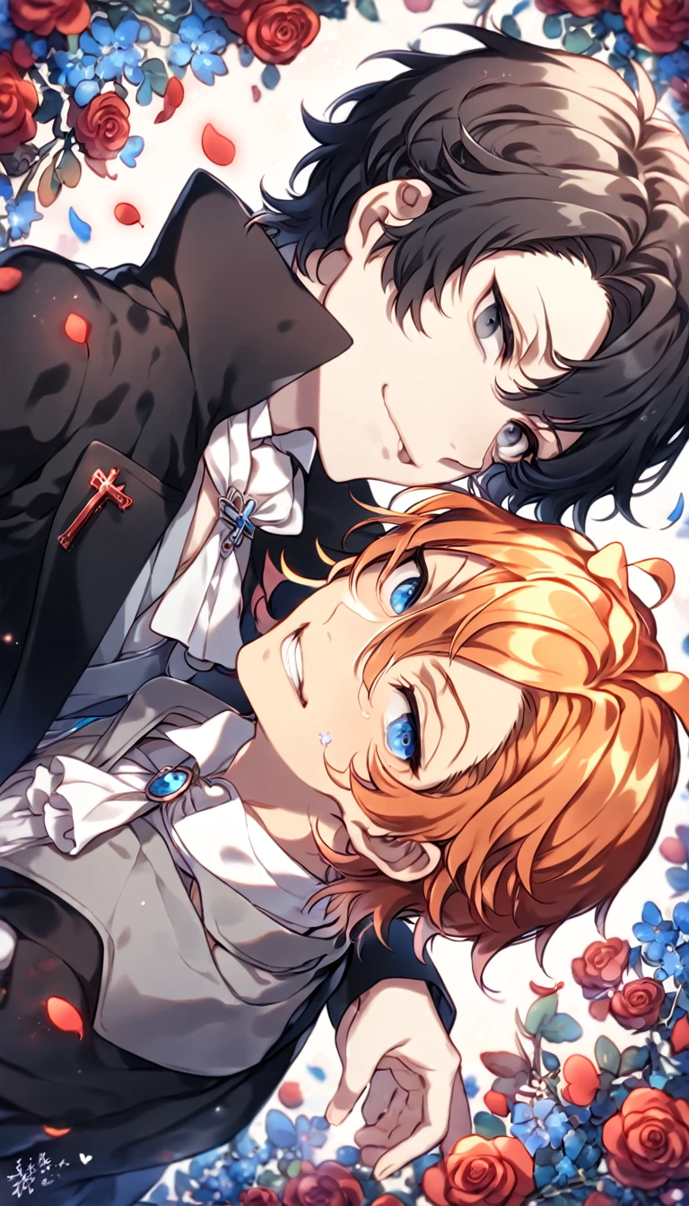 absurdres, highres, ultra detailed, HDR, master piece, best quality, extremely detailed, Akutagawa Ryuonosuke, black hair, expressive gray eyes, Bungou Stray Dogs, Nakahara Chuuya, orange hair, expressive blue eyes, two sexy men together, yaoi, gay couple, handsome, black coat with high collar, white shirt, gray vest, white cravat, cross, red butterflies, petals, magical, red roses, fantasy