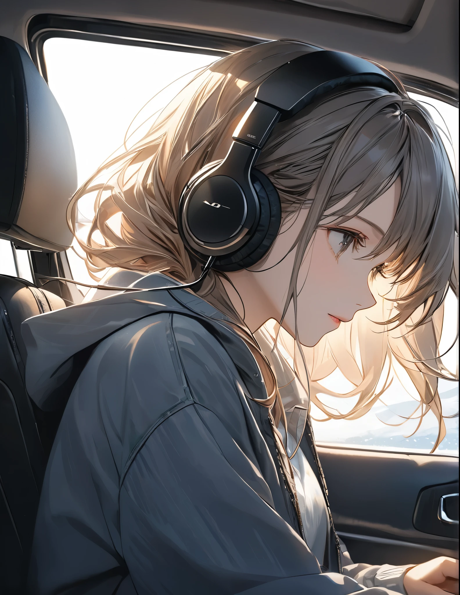 uhd, (masterpiece:1.2), best quality, highres, award winning, high details,Small van、１Girl traveling、(Listening to music with headphones in the car and looking outside with the window open)、Cool work、Her hair is blowing in the wind and she has a calm expression.