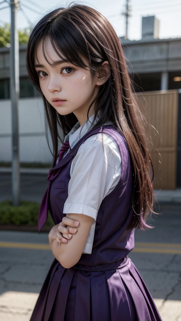 2d, work of art, best qualityer, アニメ, highy detailed, 1 girl, standing alone, yuri, purples eyes, cabelo roxo, hair between the eyes, hair clip, schoolar uniform, Yandere face