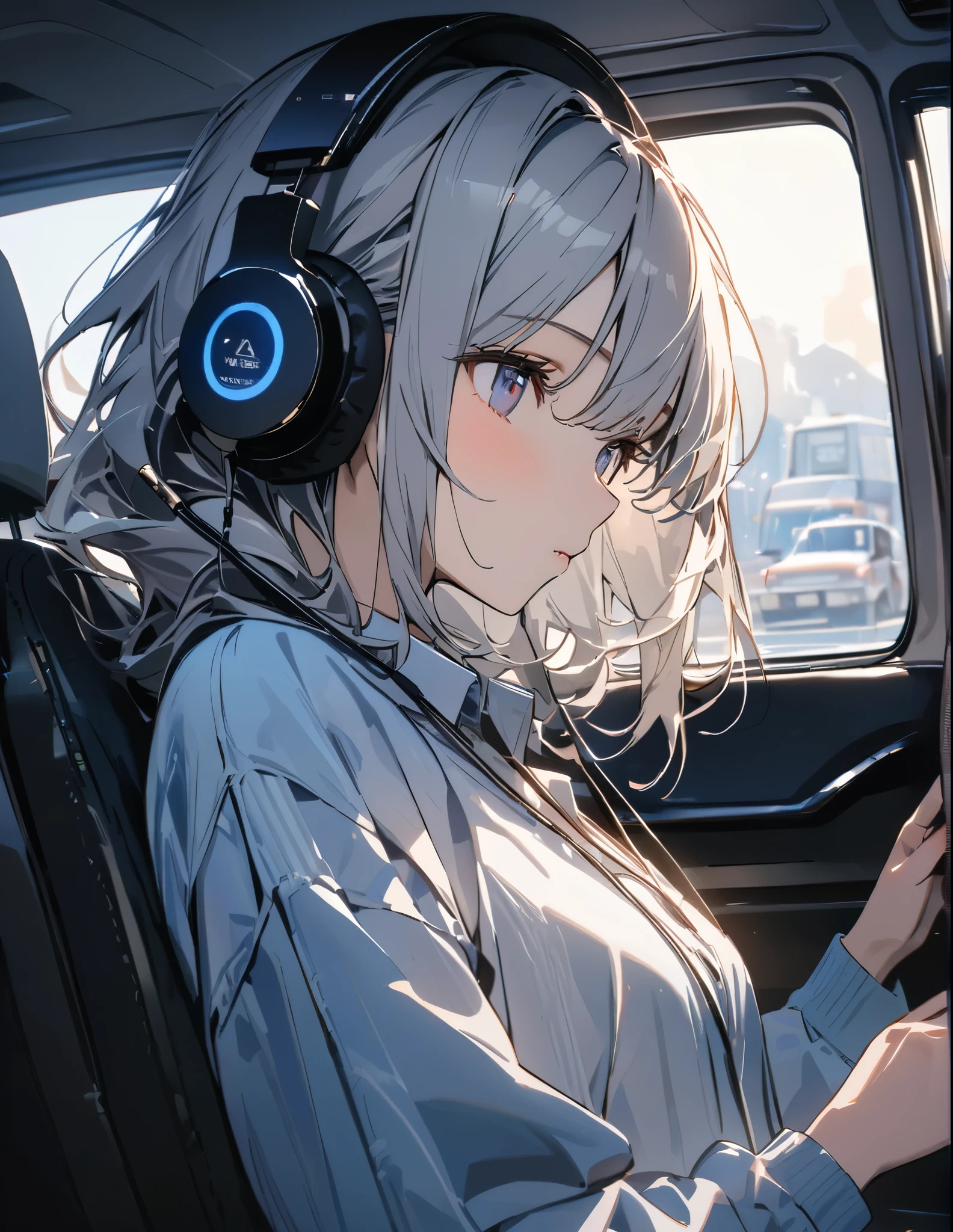 アニメ、デジタルアート、フラットデザイン、uhd, (masterpiece:1.2), best quality, highres, award winning, high details,Small van、１Girl traveling、(Listening to music with headphones in the car and looking outside with the window open)、Cool work、Her hair is blowing in the wind and she has a calm expression.