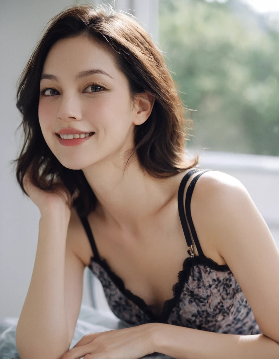 xxmixgirl, upper body of a beautiful cute long and slender face Japanese girl, A gorgeous young cute asian woman in a sexy lingeries outfit, happy smiling, still from the film, ((young Marion Cotillard face : 1.2)), ((young Anne Hathaway face: 1.0)), from front, realistic portrait photo of a cute 25 years old girl, looks at viewer, wavy nose, full lips, natural skin, skin moles,(cinematic, film grain:1.1), ((asian winged eyes, very long and slender slim face, windy tousled, long straight black pixie cut)), shiny skin, cleavage, huge breasts, in a tent, fabrics, pillows, dutch angle, fantasy, perfect quality, high quality, photorealistic, on all fours, crawling to viewer long dress, LAstargalaxydress, BREAK, highly detailed, gem earrings, (Leica SL3, Summicron-SL 75 f/2 ASPH, kodak Ektar 200 film), hands up, bokeh, silhouette, shallowed depth of field, dynamic action pose, hands up,