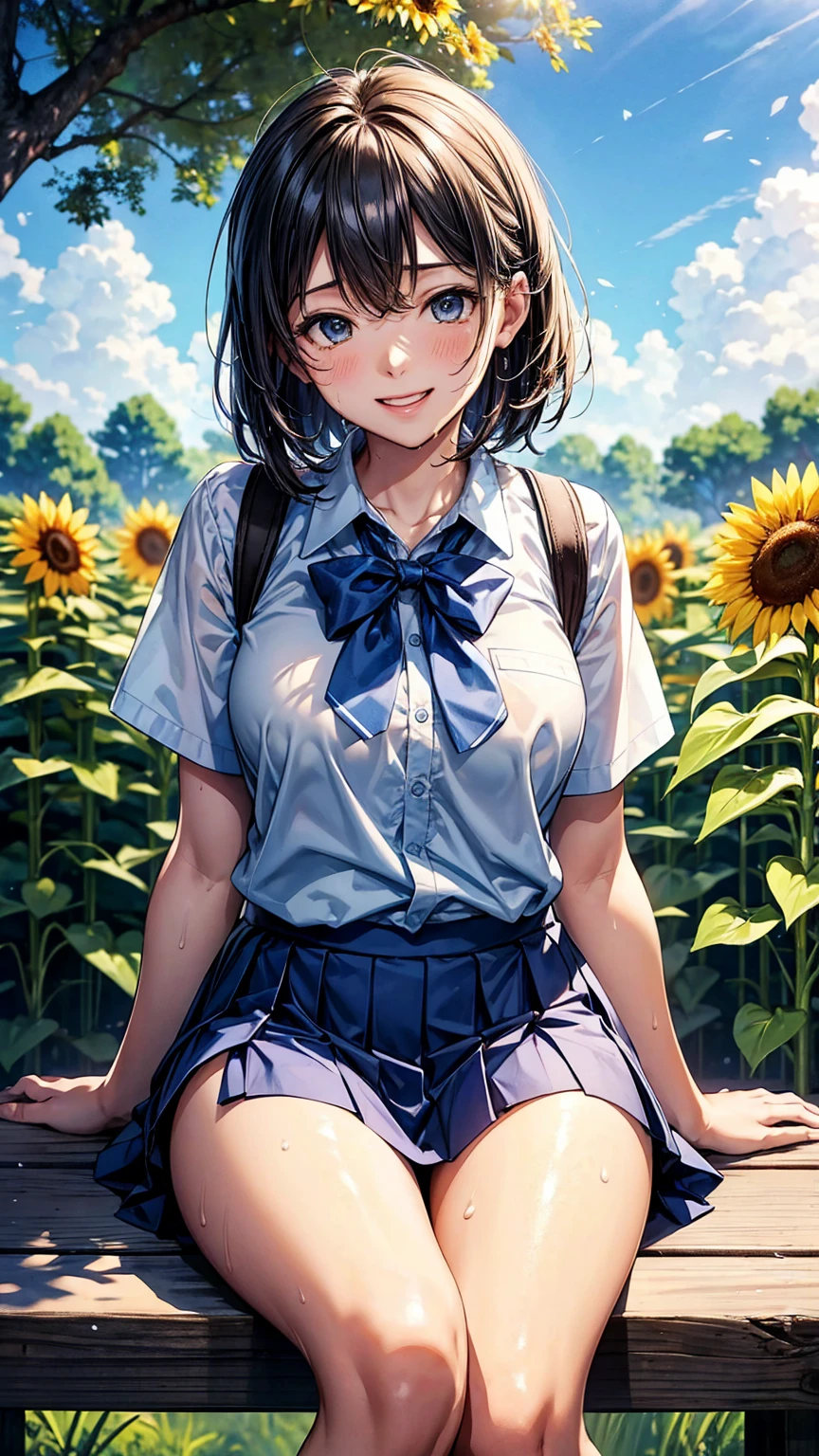 Under the blue summer sky、He is sitting leaning against a large tree。A student in a mini skirt is pointing at the camera and laughing。Hot summer day、Her uniform is wet with sweat and her underwear is visible.。Sunflowers in the forest