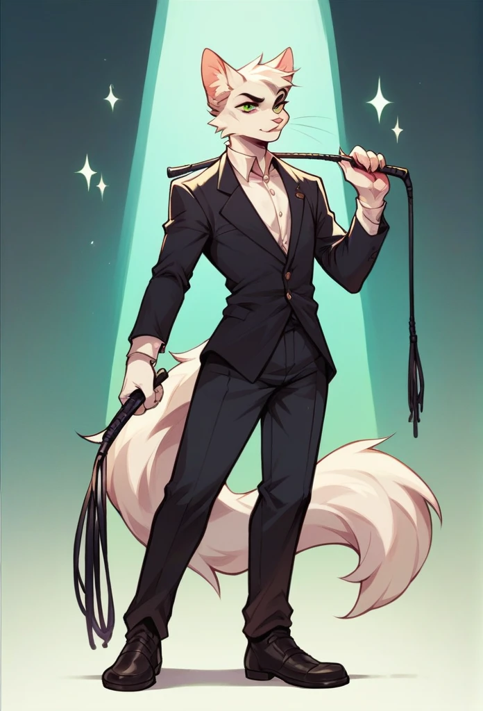 Entertainer Cat, sassy look, full length, white furred catboy, furry, whip in hand, scandily clad