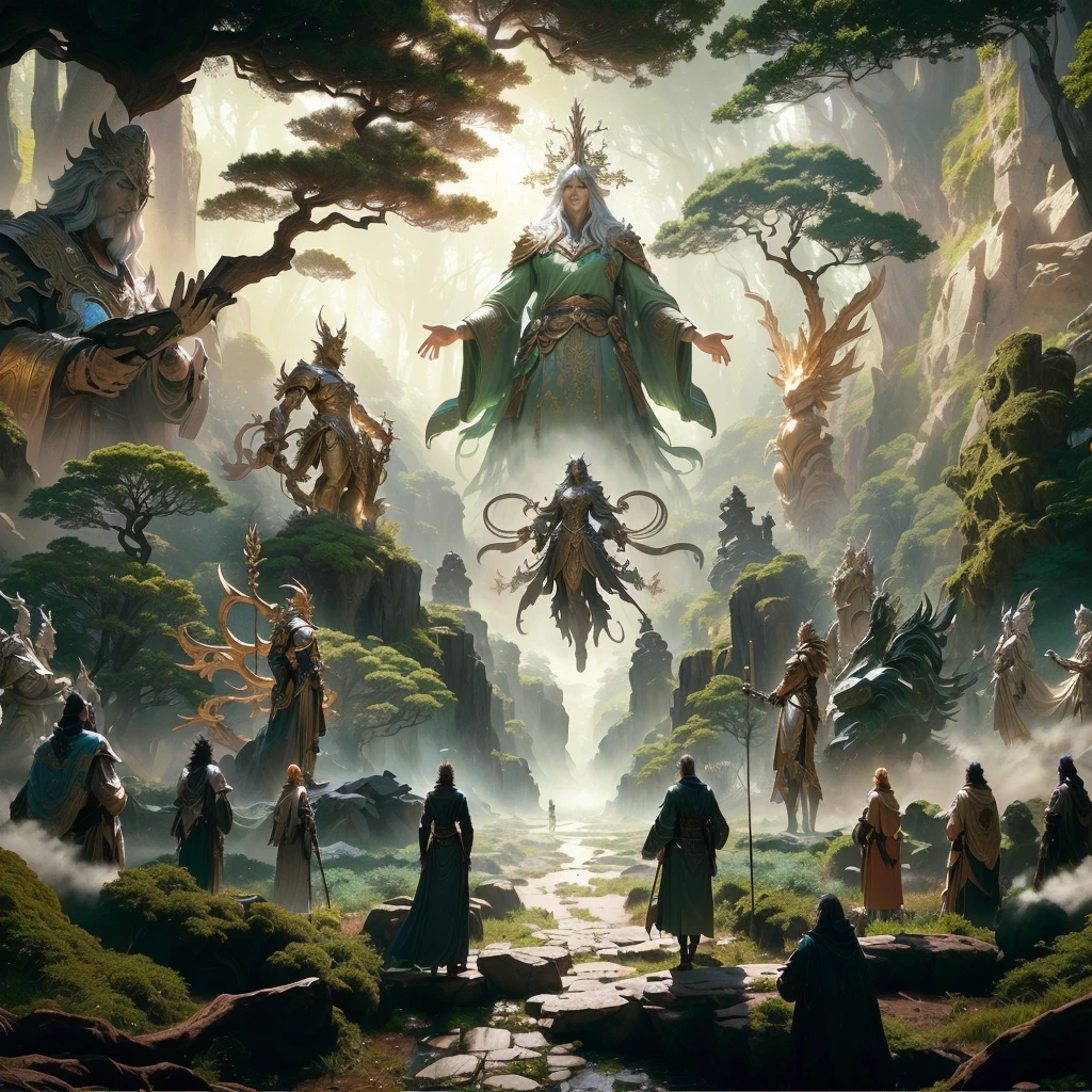 A man in a forest with a giant statue々Group of around 50 people, Symmetrical epic fantasy art, Wide angle fantasy art, 2. 5d cgi anime fantasy artwork, 4K Fantasy Art, Cinematic fantasy paintings, beeple and jean giraud, Unreal Engine Fantasy Art, Highly detailed digital art in 4K, Fantasy Art Behance