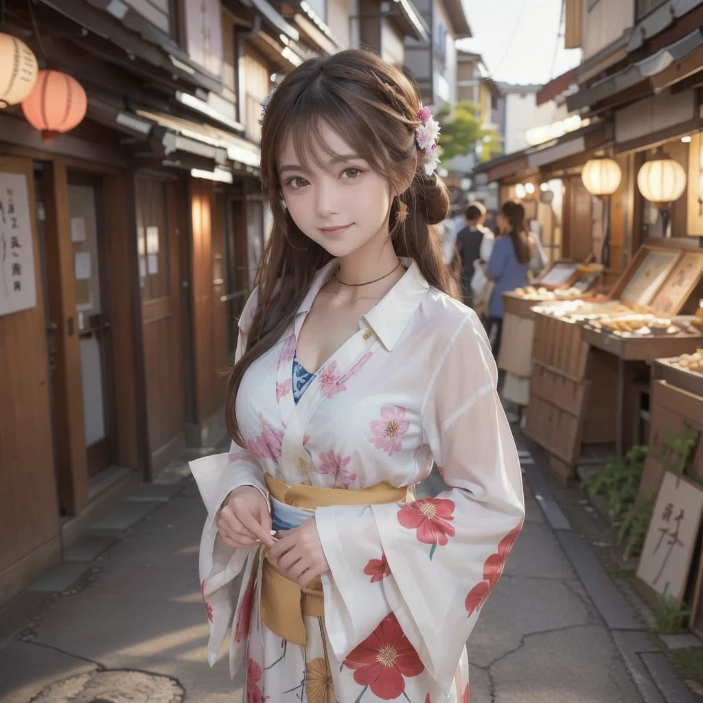 Draw a detailed and realistic portrait of a beautiful young Japanese woman。She has long light brown hair、The large, expressive light brown eyes are impressive.。
Summer Festival Night、Beautiful Japanese woman walking down a street lined with colorful lanterns。She is wearing a traditional Japanese yukata.、The yukata has a white floral design on a blue background.、The collar is tightly crossed、The obi is wide and sturdy, and tied in the traditional way.。Her hair is tied up in a cool updo。Smiling and looking around the festival stalls。In the background, fireworks are bursting into the summer night sky.、Flowers of light are blooming。。
