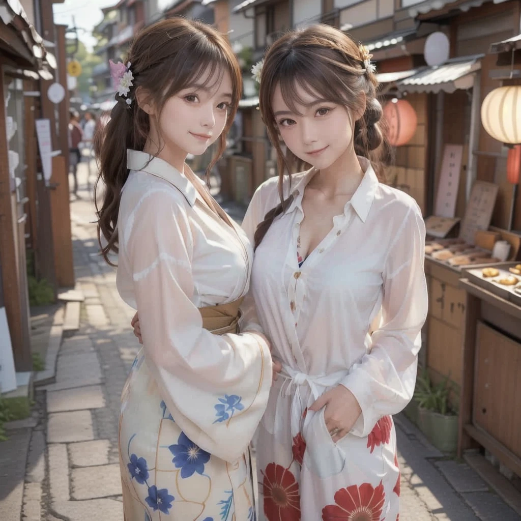 Draw a detailed and realistic portrait of a beautiful young Japanese woman。She has long light brown hair、The large, expressive light brown eyes are impressive.。
Summer Festival Night、Beautiful Japanese woman walking down a street lined with colorful lanterns。She is wearing a traditional Japanese yukata.、The yukata has a white floral design on a blue background.、The collar is tightly crossed、The obi is wide and sturdy, and tied in the traditional way.。Her hair is tied up in a cool updo。Smiling and looking around the festival stalls。In the background, fireworks are bursting into the summer night sky.、Flowers of light are blooming。。