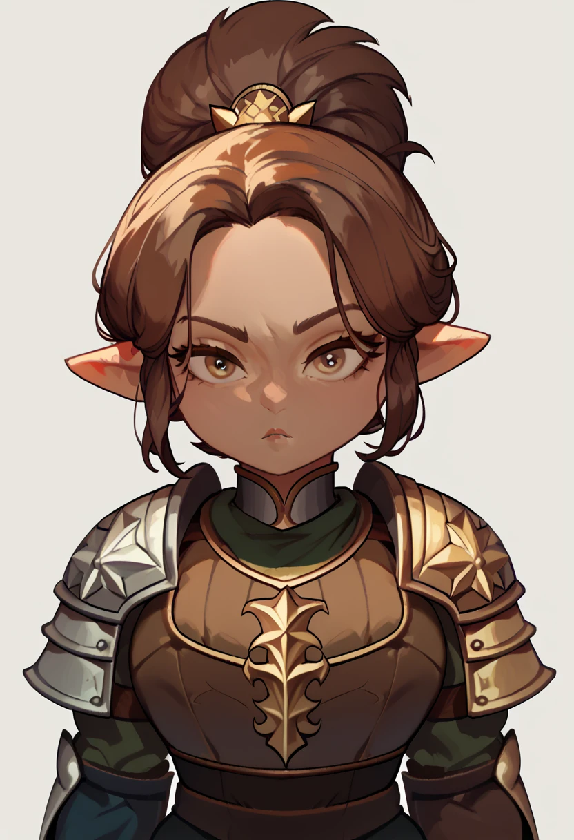 score_9, score_8_up, score_7_up, score_6_up, Shortstack, gnome fantasy race, elf like ears, Dark brown styled up hair with a pony tail, wearing fully suited plate armor, accurate medieval armor, upper body portrait, voluptuous body, Girl facing viewer, light brown eyes, dark brown hair