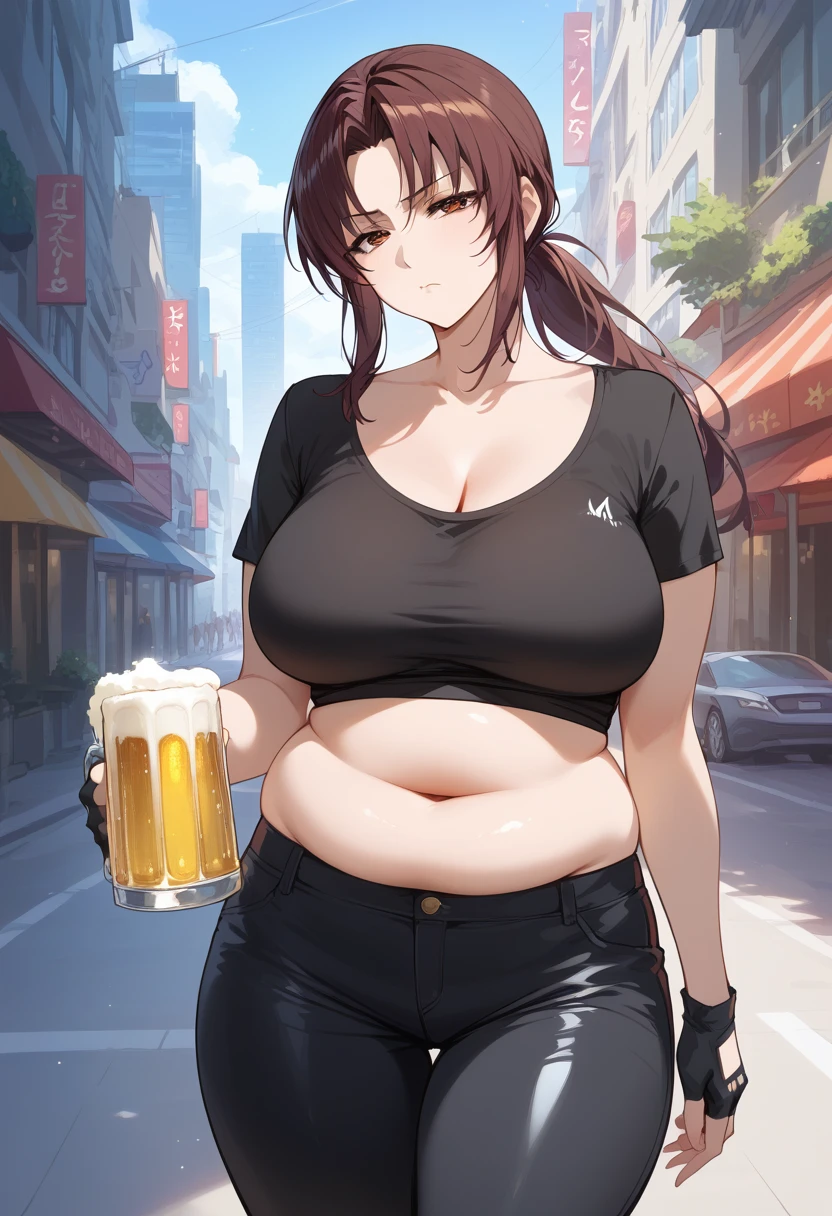 score_9, score_8_up, score_7_up, masterpiece, best quality,high quality,highres,very aesthetic, absurdres, high detailed,optimal lightning,4k,8k wallpaper, source_anime, official art, official style, megami magazine,BREAK, 1girl, imagine Revy as a plus size milf, 45-year-old, mature woman, long hair, brown hair, brown eyes, ponytail, plump, chubby figure, round belly, beer gut, black crop top, fingerless gloves, black leather pants,unamused,disappointed,expressionless,holding a cigarette,BREAK,city street, walking
