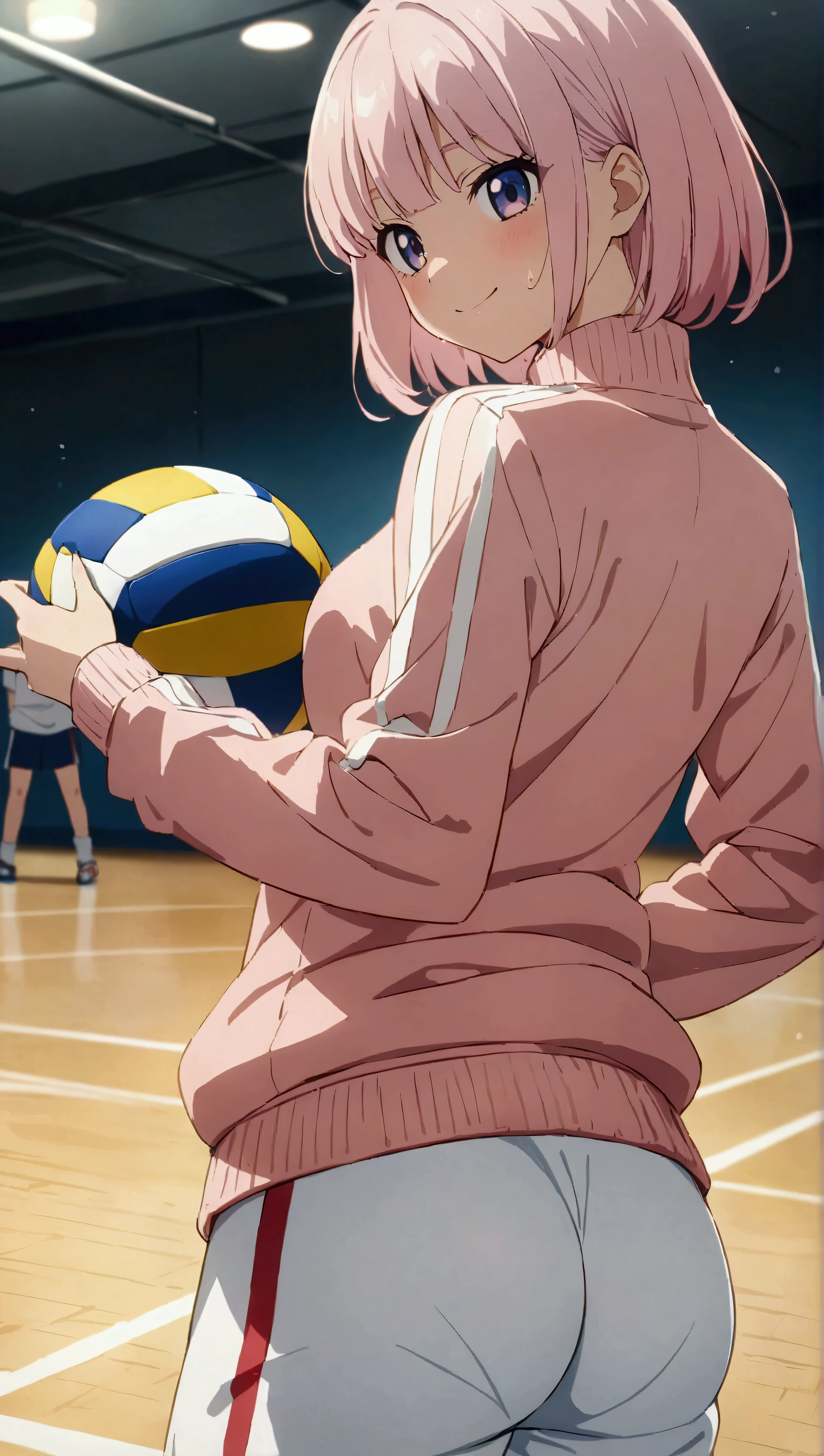 (beautiful girl: 1.3), (((princess_cut)))、smile、Looks about 18 years old、 (Light pink sweatpants:1.3), (Light pink track jacket: 1.3), (Highest quality:1.2, 4K, 8k, Studio Anime, Very detailed, Latest, Vibrant, Attention to detail, masterpiece:1.2, Best aesthetics),School gym,, Round and beautifully shaped butt, 体育の授業でvolleyballの試合をしています,Sweat,smile,volleyball,Raise the toss,