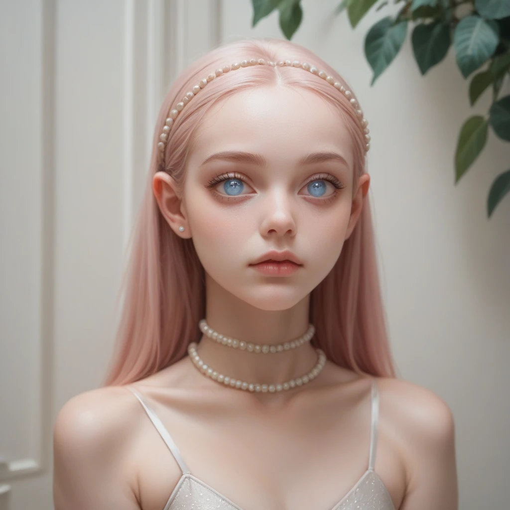 Alien wife 1.90 tall,slim, with medium light pink hair, Oval face, blue eyes without pupils, pointy nose, wears ballerina clothes and has pearls on her forehead